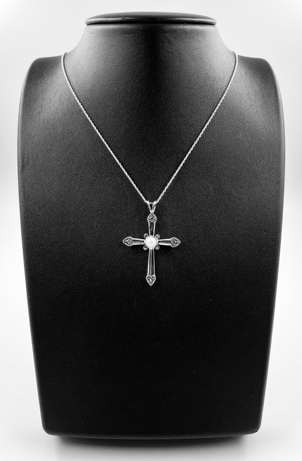 Marcasite and Pearl Cross Pendant - 92.5 Sterling Silver